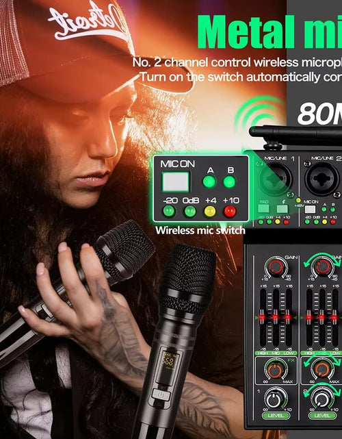 Load image into Gallery viewer, 4 Channel Audio Mixer with Wireless Microphone USB Sound Table Bluetooth Console DJ Mixing for Party Karaoke Machine Soundbar
