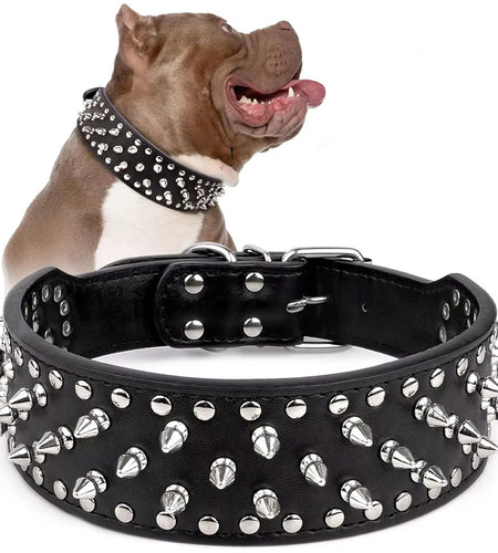 2Inch Wide Skull Spiked Studded Leather Large Dog Collars for Medium Large Breeds Pitbull Mastiff Boxer Bully Dog Harness