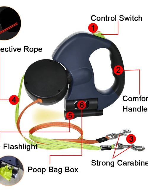 Load image into Gallery viewer, 3M Retractable Dog Leash for Small Dogs Reflective Dual Pet Leash Lead 360 Swivel No Tangle Double Dog Walking Leash with Lights
