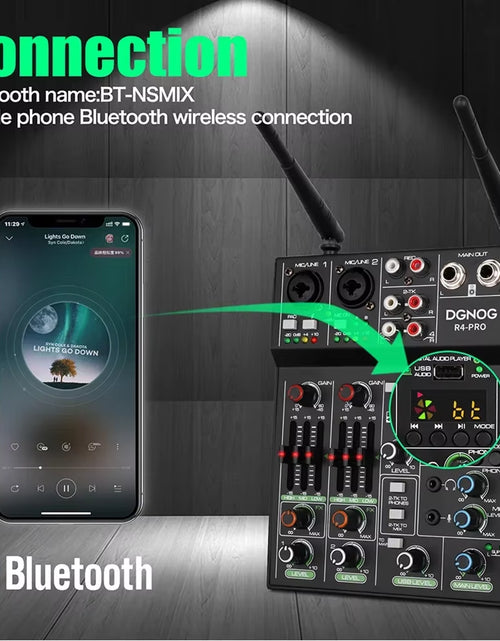 Load image into Gallery viewer, 4 Channel Audio Mixer with Wireless Microphone USB Sound Table Bluetooth Console DJ Mixing for Party Karaoke Machine Soundbar
