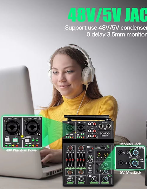 Load image into Gallery viewer, 4 Channel Audio Mixer with Wireless Microphone USB Sound Table Bluetooth Console DJ Mixing for Party Karaoke Machine Soundbar
