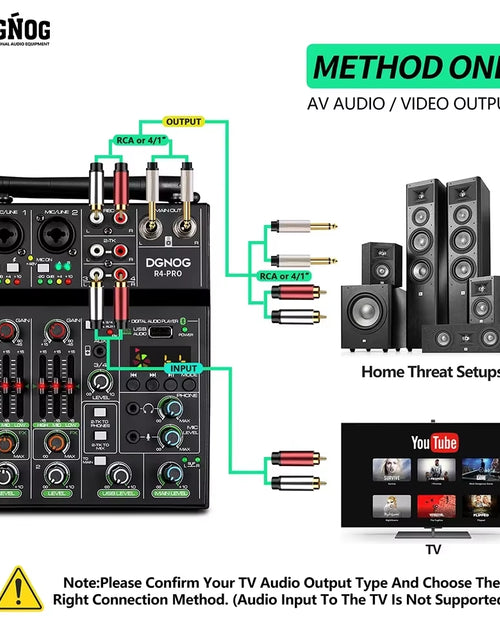 Load image into Gallery viewer, 4 Channel Audio Mixer with Wireless Microphone USB Sound Table Bluetooth Console DJ Mixing for Party Karaoke Machine Soundbar
